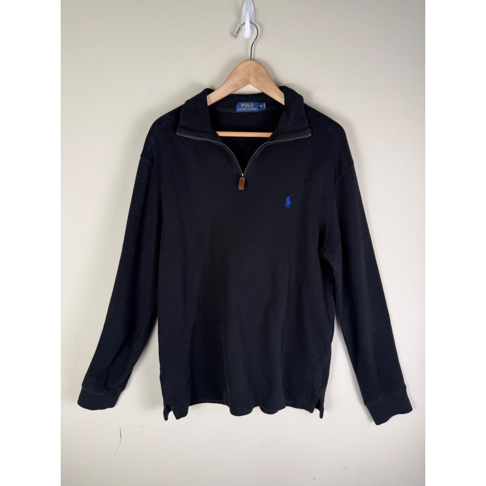 Polo Ralph Lauren Black Sweater Men's Medium Quarter Zip Mock Neck Cotton Knit